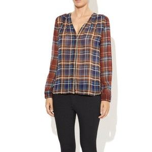 Maeve Anthropologie Size Small Blue Multicolored Plaid Pane Peasant Sheer Top